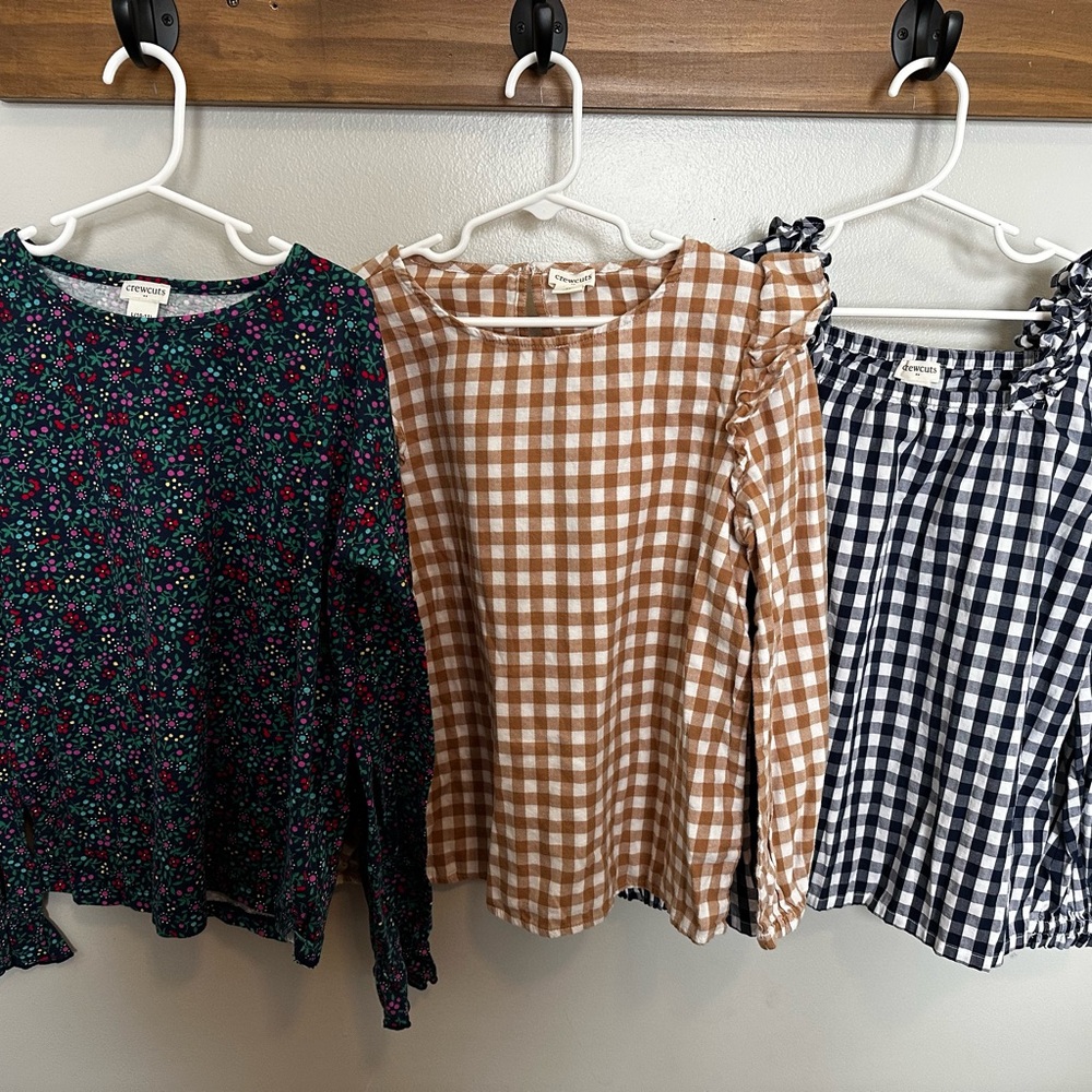 Crewcuts Girls Blouses. Flowered, tan and white checked, navy and white checked